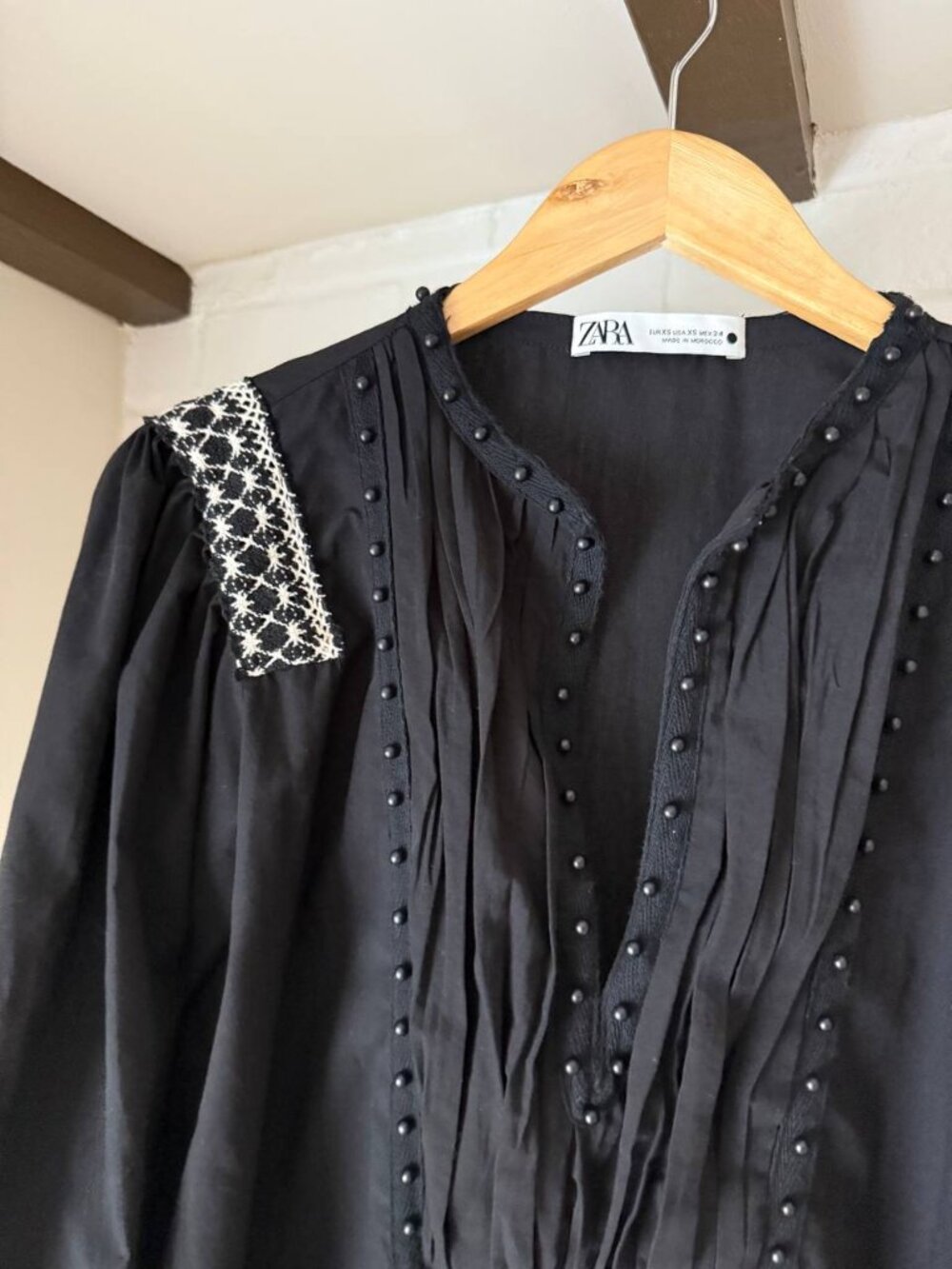 Zara Black Embroidered Embellished Boho Peasant Chic Blouse Top